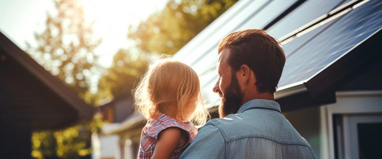 Ein Erwachsener hält ein Kind im Freien und blickt mit ihm auf ein Wohnhaus mit Solarpaneelen auf dem Dach