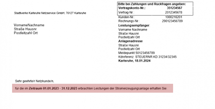 Dokumentkopf einer Rechnung mit Referenznummern und Abrechnungszeitraum.