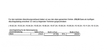 Dokument einer Rechnung mit Informationen zu Abschlagswerten