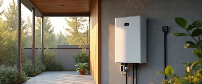 Wandmontierter Energiespeicher am modernen Haus im Außenbereich.