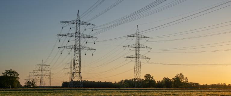 Hochspannungsmasten mit Freileitungen über einem Feld bei Sonnenuntergang.
