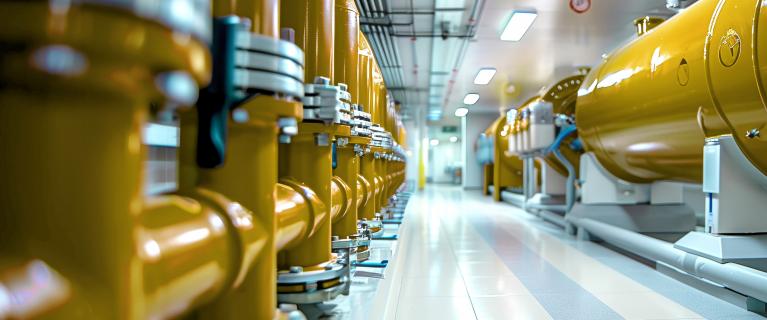 Technikraum mit großen gelben Rohrleitungen und Druckbehältern entlang eines Gangs.