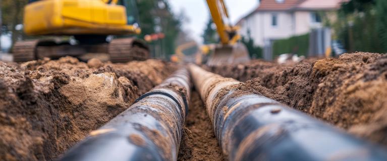 Zwei große Rohre liegen in einem frisch ausgehobenen Graben; im Hintergrund arbeitet ein gelber Bagger auf einer Baustelle an einer Wohnstraße.